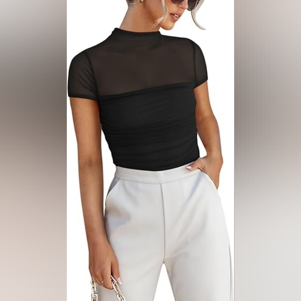 REORIA Women's Sexy Mock Turtle Neck Short Sleeve Shirts Sheer Mesh